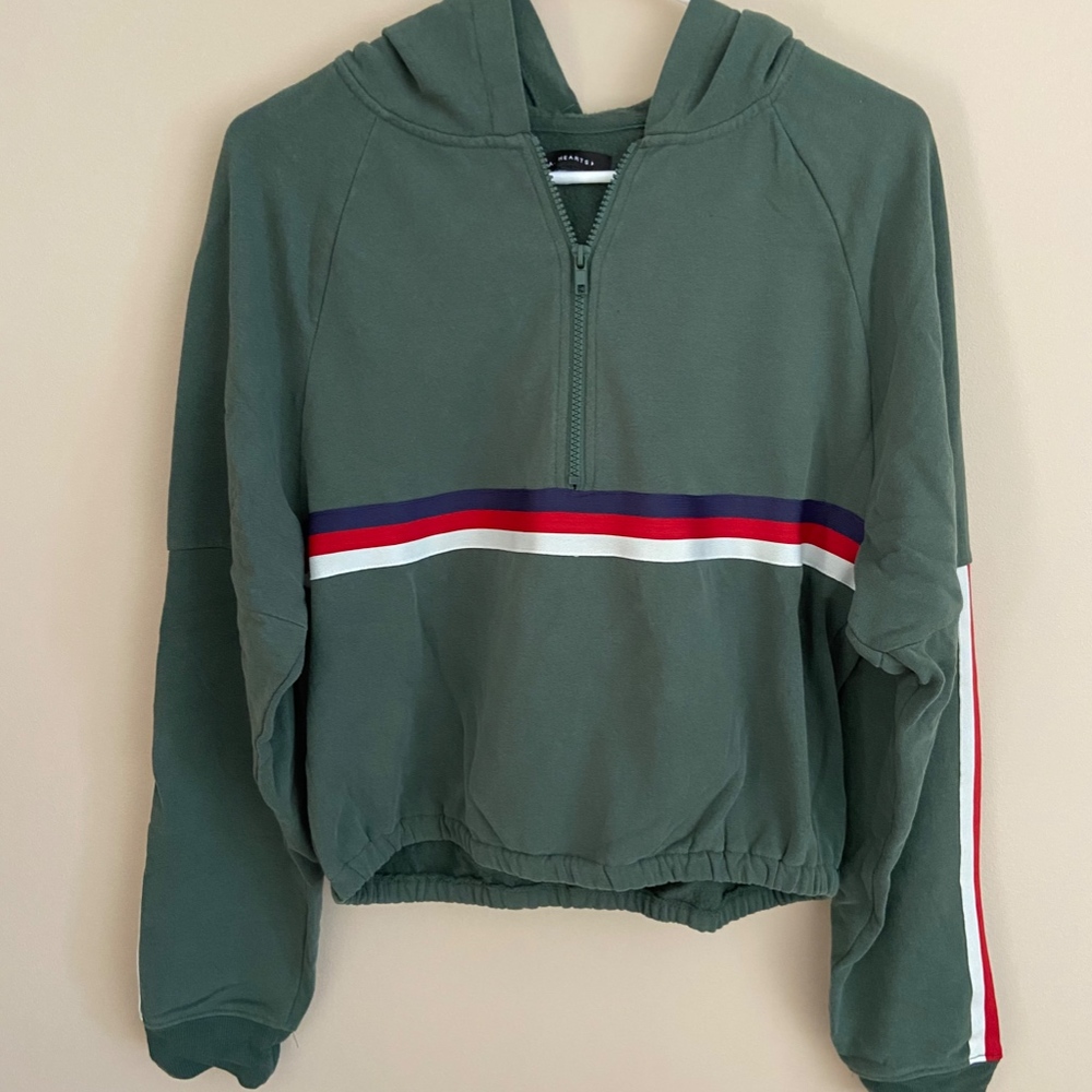 Army Green Hooded, Striped Zip-Up Sweatshirt
